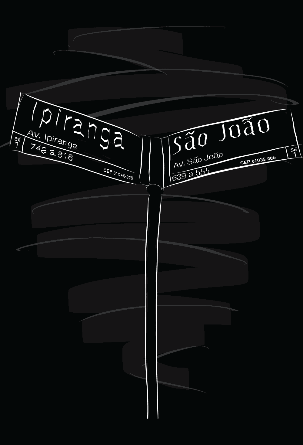 Ilustração de placa de esquina com as palavras 'Av. Ipiranga' e 'Av. São João', ilustração de Nêio Mustafa.
